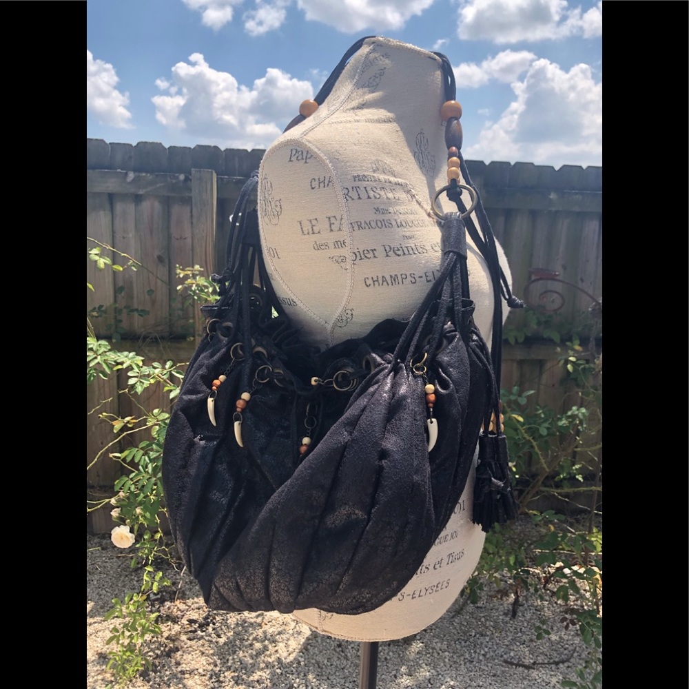 Large black bohemian tassel bag w/natural beading